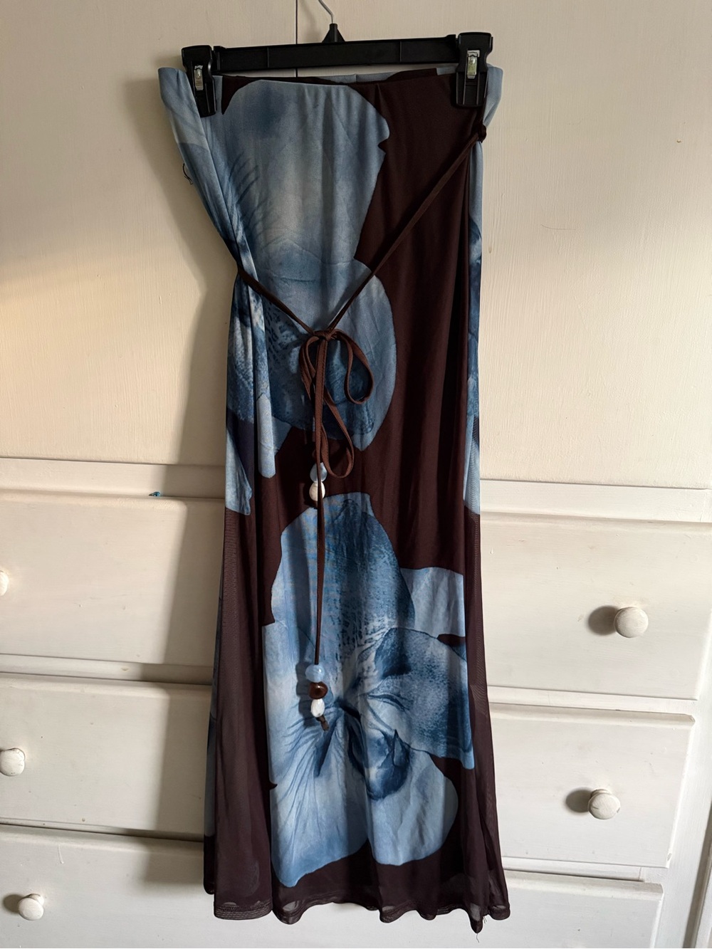 Brown & Blue Floral Maxi skirt with Tie Detail